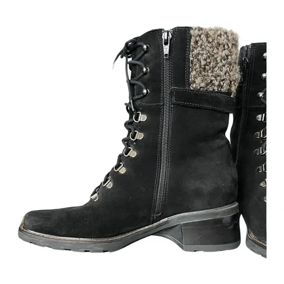 Aquatalia black suede, Lace Up, lug sole booties Moto Combat bouclé lined - Picture 10 of 12